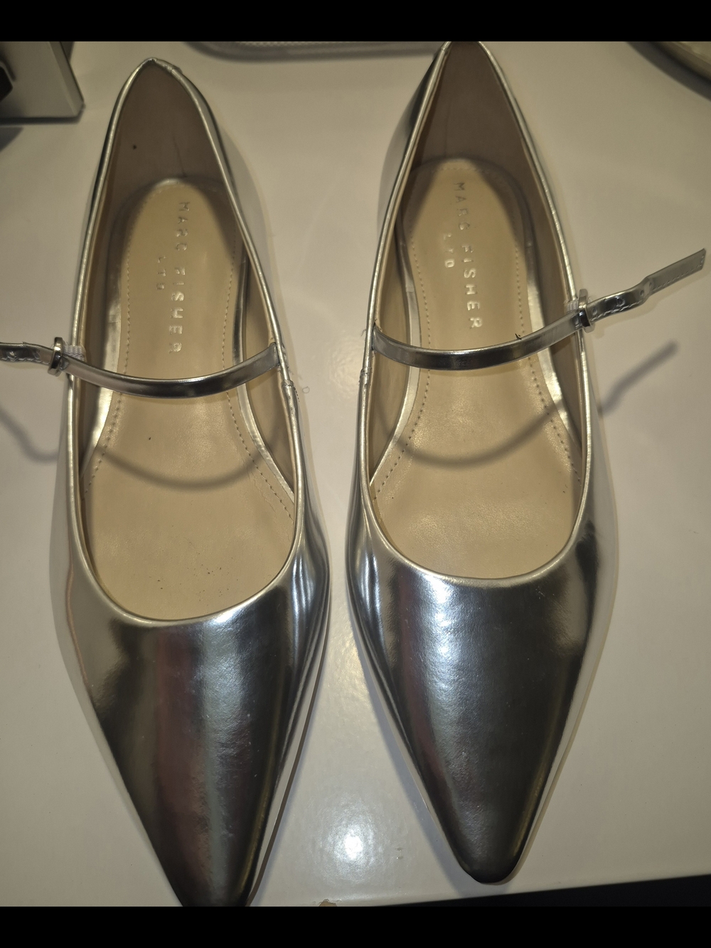 Marc Fisher Metallic Silver Pointed Mary Jane Flats